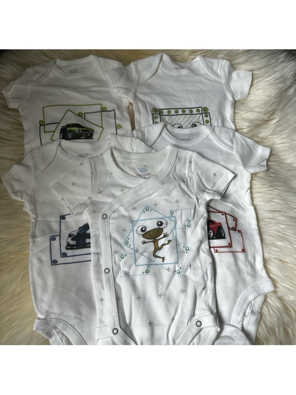 LOT/5 Carter's Just One You & Cloud Island Bodysuits Onesies w/Cars & Frogs 0-3M